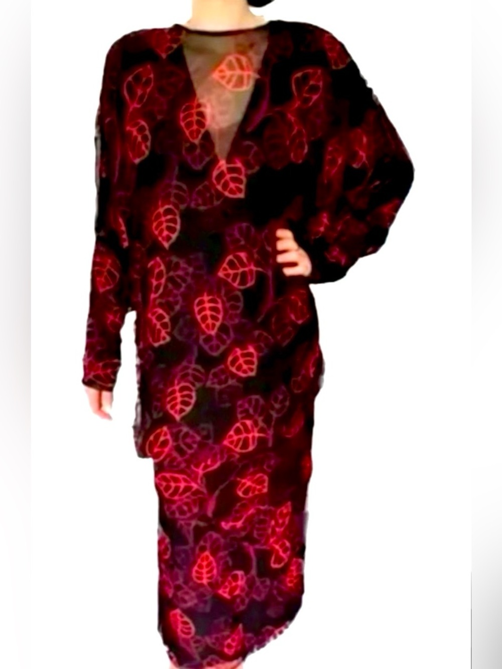 🇨🇦Vintage Designer Draped Long Chiffon Dress •Shades of Red on Black • Open Back